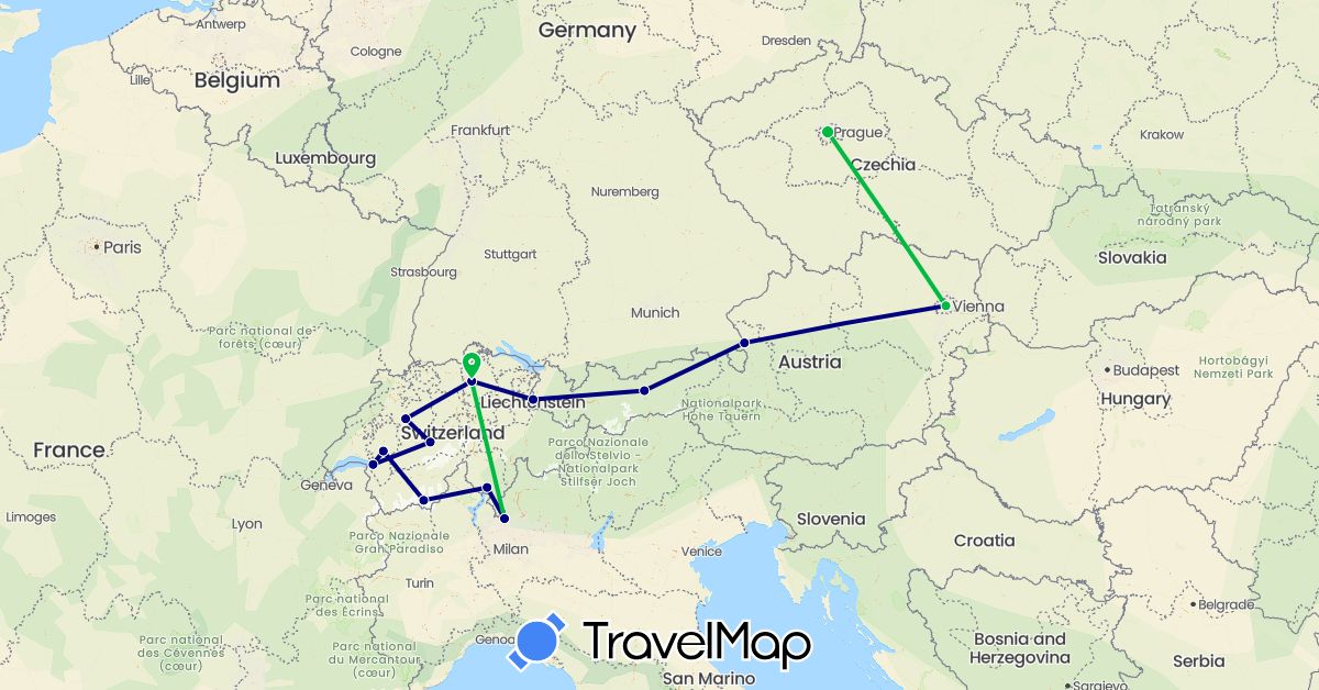 TravelMap itinerary: driving, bus in Austria, Switzerland, Czech Republic, Italy, Liechtenstein (Europe)